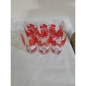 Set of 6 Vintage Mid Century Floral Decorated Drinking Glasses Red and white‎